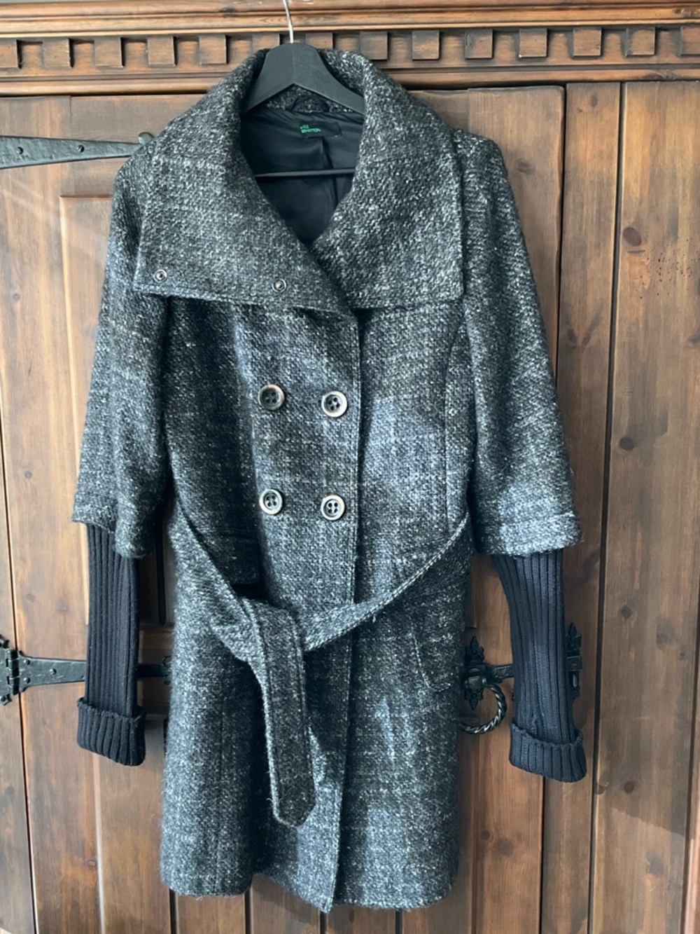 Vintage Benetton Wool Boucle Coat Belted Sweater Sleeve Medium 80s 90s Italian